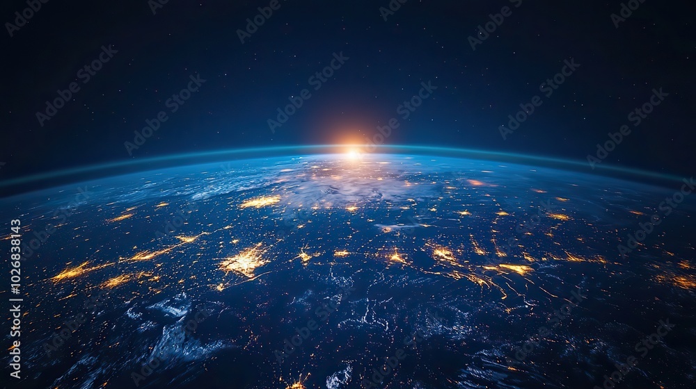 Fototapeta premium A global telecommunication network encircles the Earth, emphasizing 5G connectivity, blockchain, IoT, and satellite communications in smart cities.