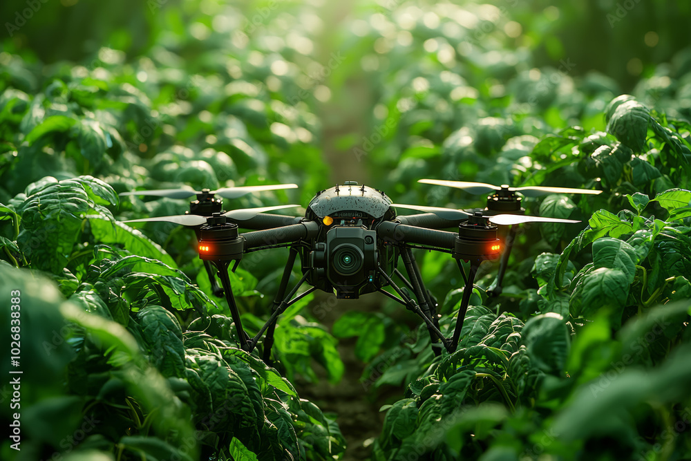 A drone monitoring large-scale crop fields for pests, showcasing automation in pest management. Concept of drone farming.