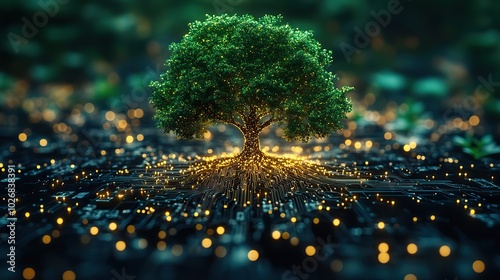 A glowing green tree encircled by circuit board lines and dots, illustrating green technology innovations. photo