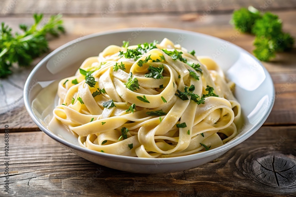 Creamy fettuccine alfredo pasta with herbs on white plate Creamy fettuccine alfredo pasta with herbs on white plate