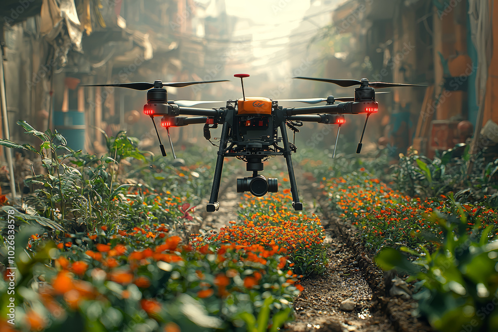A drone delivering seeds to replant damaged areas, emphasizing the role of drones in sustainable agriculture practices. Concept of sustainability. A drone delivering seeds to replant damaged areas, emphasizing the role of drones in sustainable agriculture practices. Concept of sustainability.