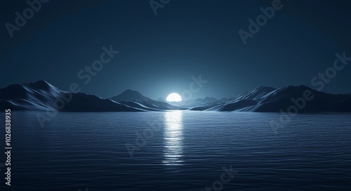 Minimalist Dark Landscape with Distant Mountains, Reflective Water Surface, and Foreground Dunes Under a Dark Blue Night Sky, Hyper-Realistic Cinematic Scene