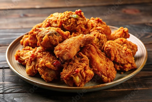 Crispy and spicy chicken plates in tilted angle