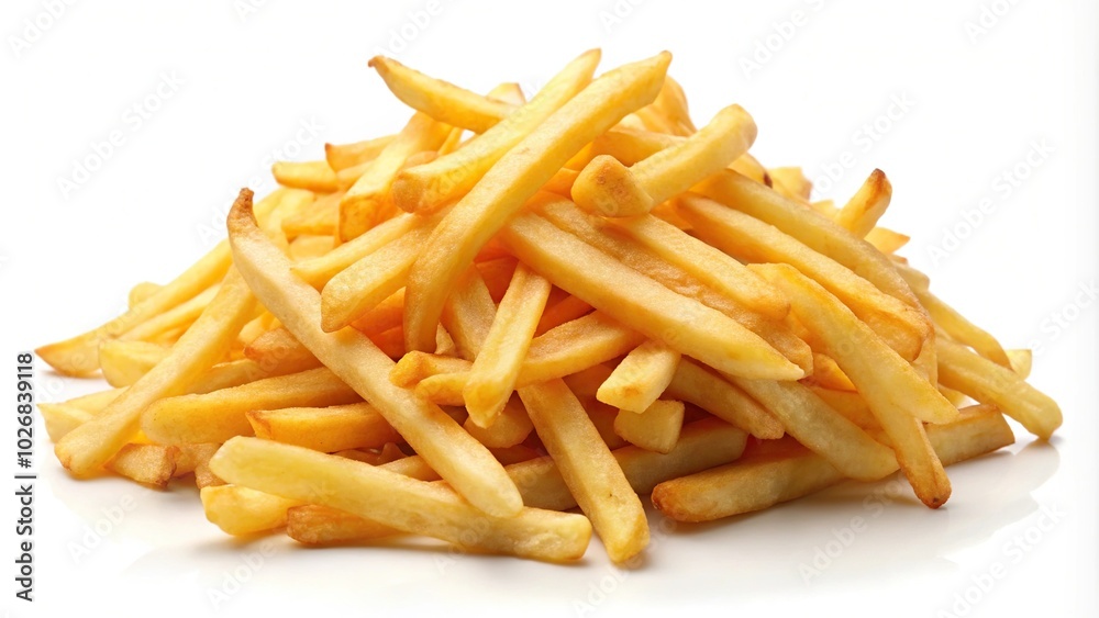 Crispy golden french fries on white background, low angle view Crispy golden french fries on white background, low angle view