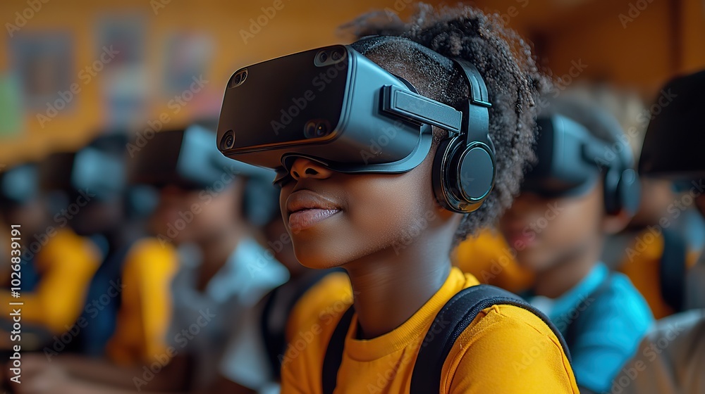 A group of multicultural schoolchildren using virtual reality headsets, with an African American teacher guiding them, emphasizing technology in education.