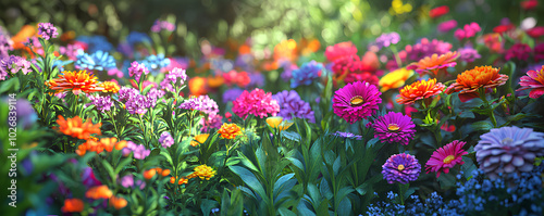 Organic flower garden, vibrant blooms in full array