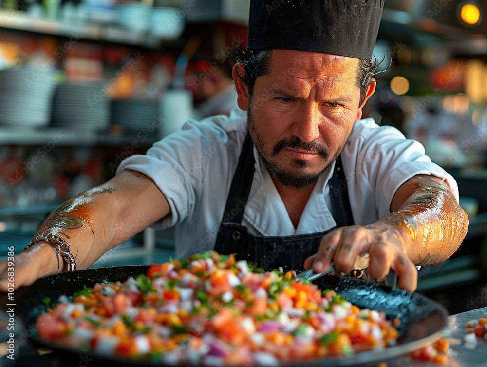 A chef preparing a plate of ceviche in a Mexican restaurant. A chef preparing a plate of ceviche in a Mexican restaurant.