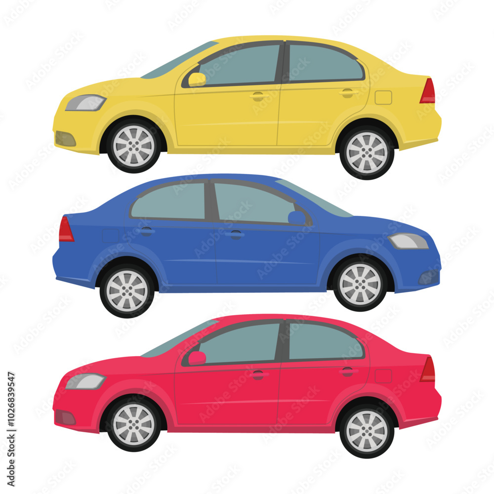 Fototapeta premium Vector illustration of three sedan with different color in cartoon flat style. Car side view. Hybrid and electric car blueprint. Compact sedan automobile transportation modern technolog