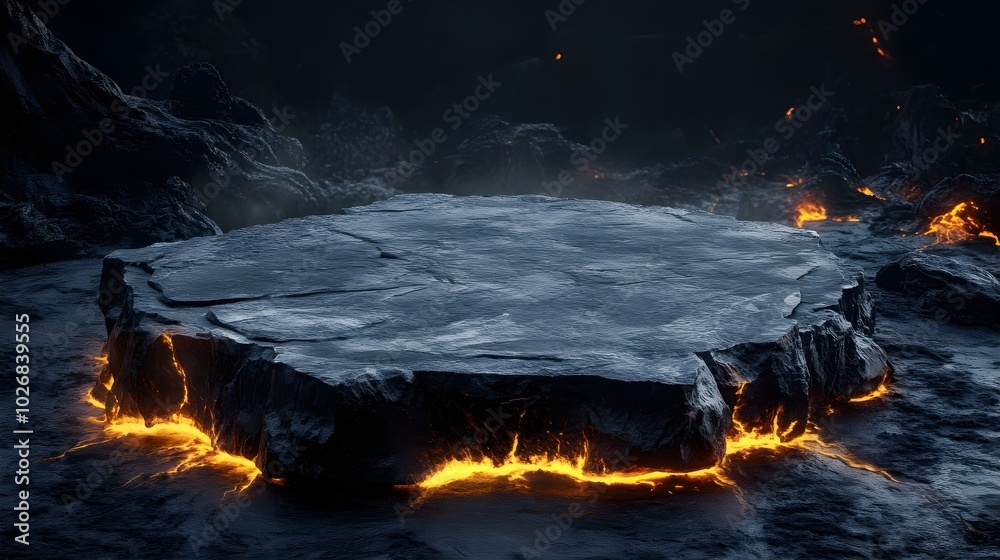 Dark Volcanic Rock Podium Surrounded by Lava Dark Volcanic Rock Podium Surrounded by Lava