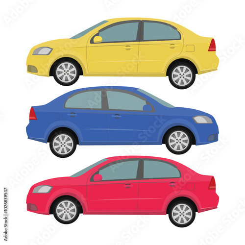 Vector illustration of three sedan with different color in cartoon flat style. Car side view. Hybrid and electric car blueprint. Compact sedan automobile transportation modern technolog