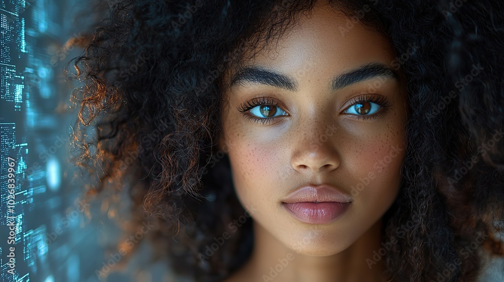 A headshot of a beautiful black woman with curly hair surrounded by neural network visuals, highlighting the fusion of artificial intelligence with people and technology. A headshot of a beautiful black woman with curly hair surrounded by neural network visuals, highlighting the fusion of artificial intelligence with people and technology.