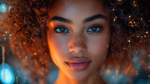 A headshot of a beautiful black woman with curly hair surrounded by neural network visuals, highlighting the fusion of artificial intelligence with people and technology.