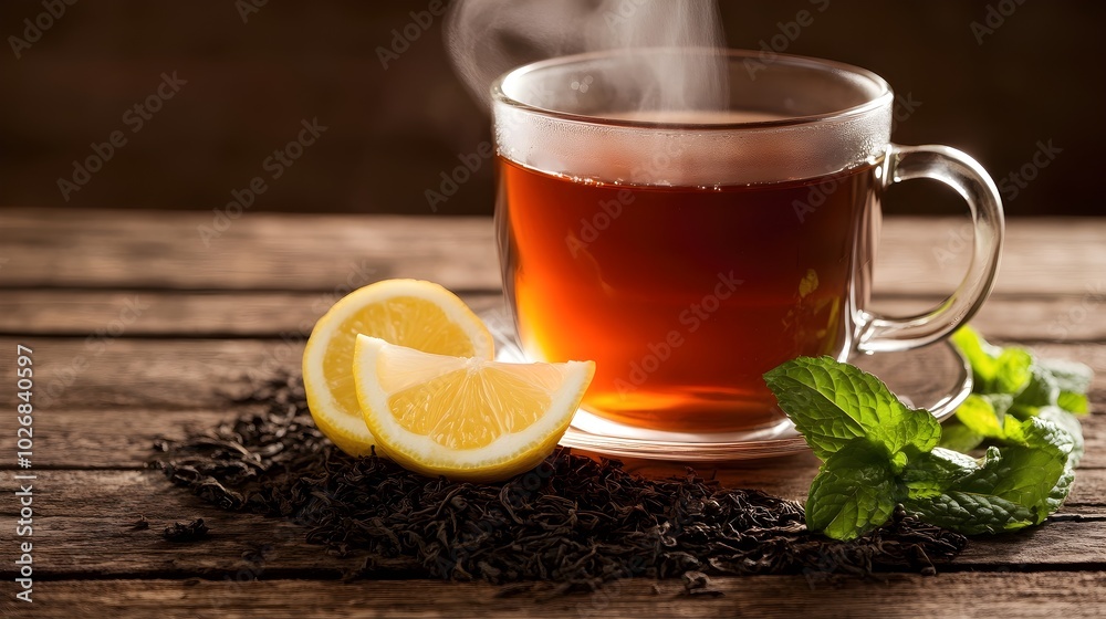 Warm Cozy Scene with Tea and Fresh Ingredients Warm Cozy Scene with Tea and Fresh Ingredients