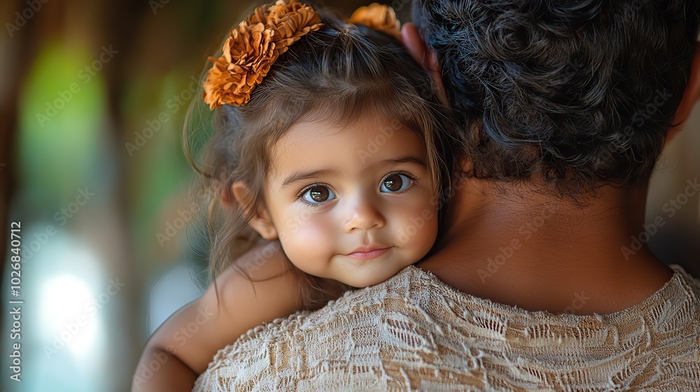 A Hispanic mother holds her baby daughter while the father carries them on his back, capturing a tender family moment. A Hispanic mother holds her baby daughter while the father carries them on his back, capturing a tender family moment.