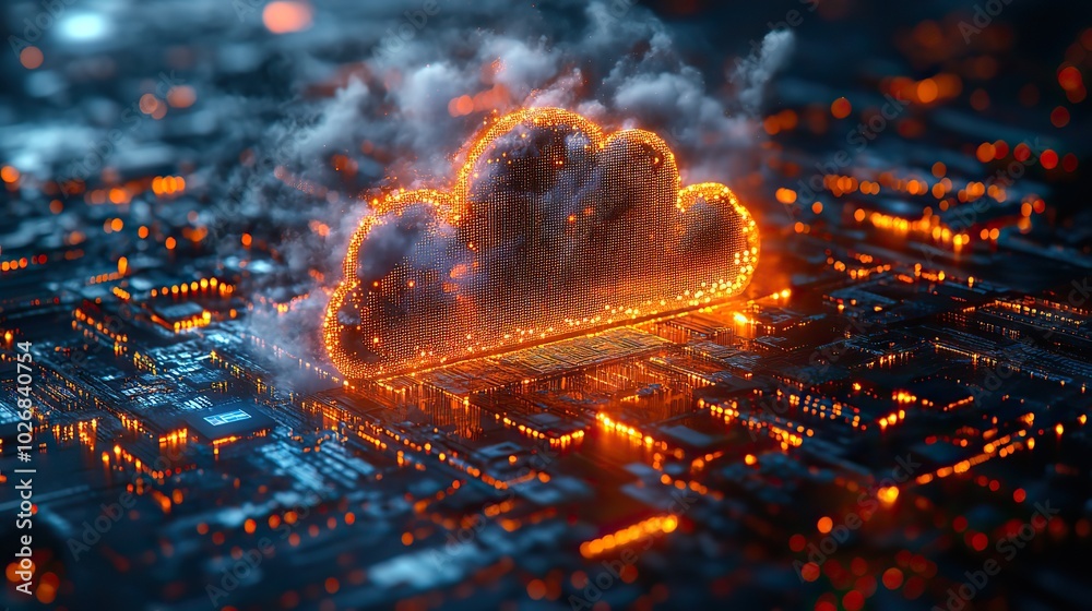 A hologram displays cloud processing during a business operation, emphasizing digital technology applications.