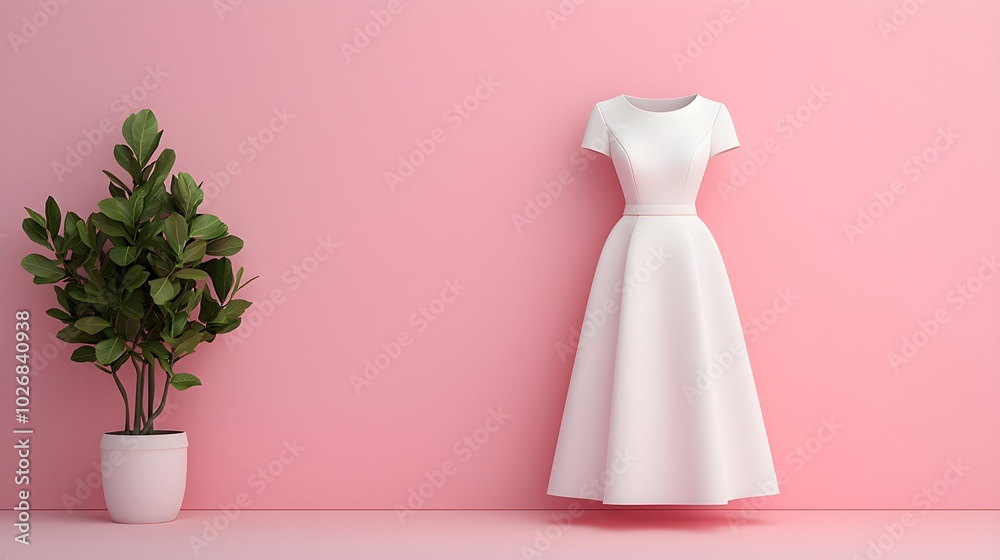 Minimalist white dress against a soft pink wall Minimalist white dress against a soft pink wall