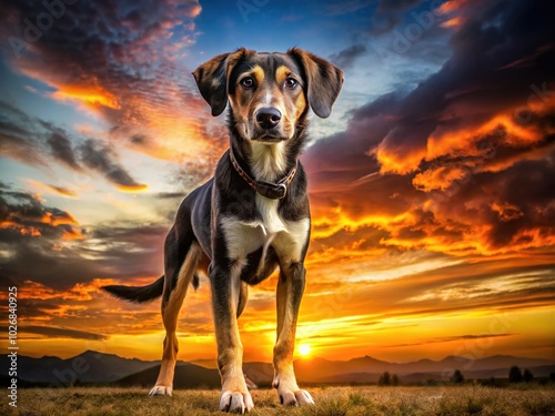 Silhouette Portrait of a Cute Young Black Mouth Cur and Hound Mix Dog at Sunset photo