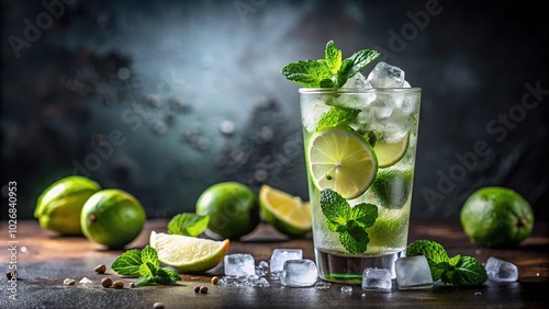 Cuban mojito cocktail on frozen glass with lime and mint leaves