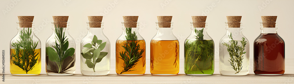 Organic herb infused oils, bottles with herbs inside Organic herb infused oils, bottles with herbs inside