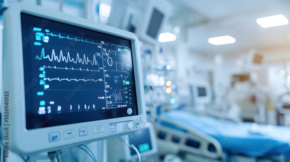 Close-Up of Hospital Monitor Displaying Vital Signs Close-Up of Hospital Monitor Displaying Vital Signs