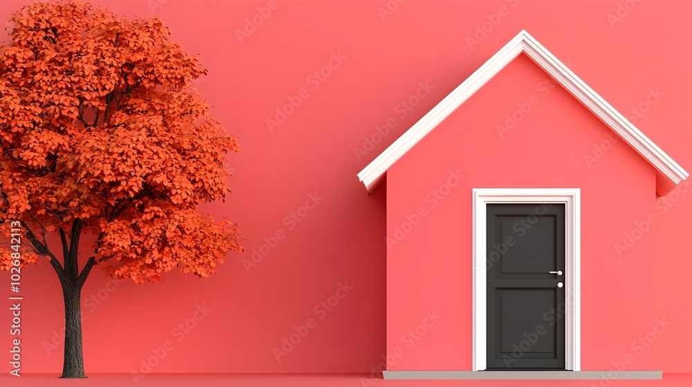 Vibrant coral house with autumn tree against a bold wall Vibrant coral house with autumn tree against a bold wall