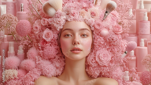 Portrait of beauty with floral headdress and pink tones. Concept of superficial beauty.