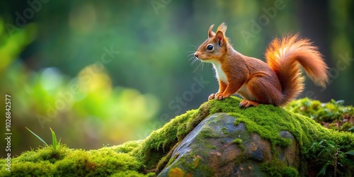 Curious red squirrel perched on mossy rock in lush forest high angle view photo