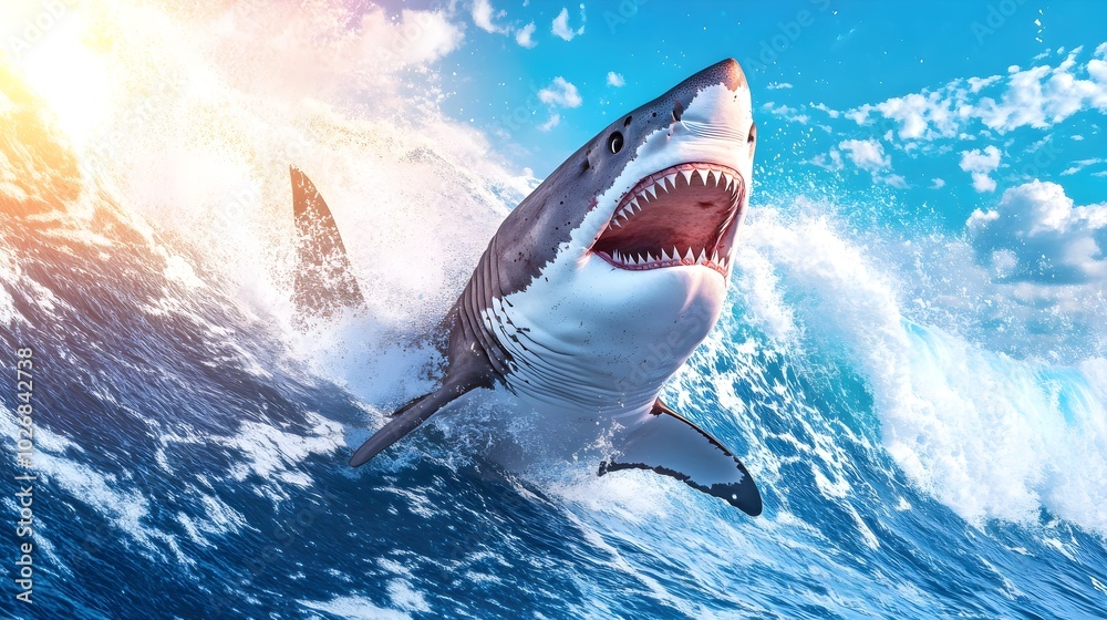 Fototapeta premium Exhilarating Great White Shark Breaching Water