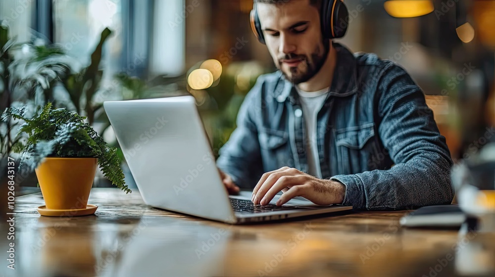A man using a laptop with headphones, engaged in communication and digital work processes. A man using a laptop with headphones, engaged in communication and digital work processes.