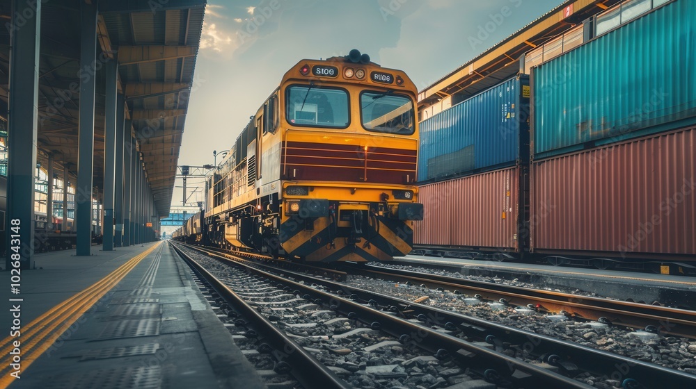 A freight train is being loaded with colorful shipping containers at a bustling railway station during the afternoon. Generative AI A freight train is being loaded with colorful shipping containers at a bustling railway station during the afternoon. Generative AI