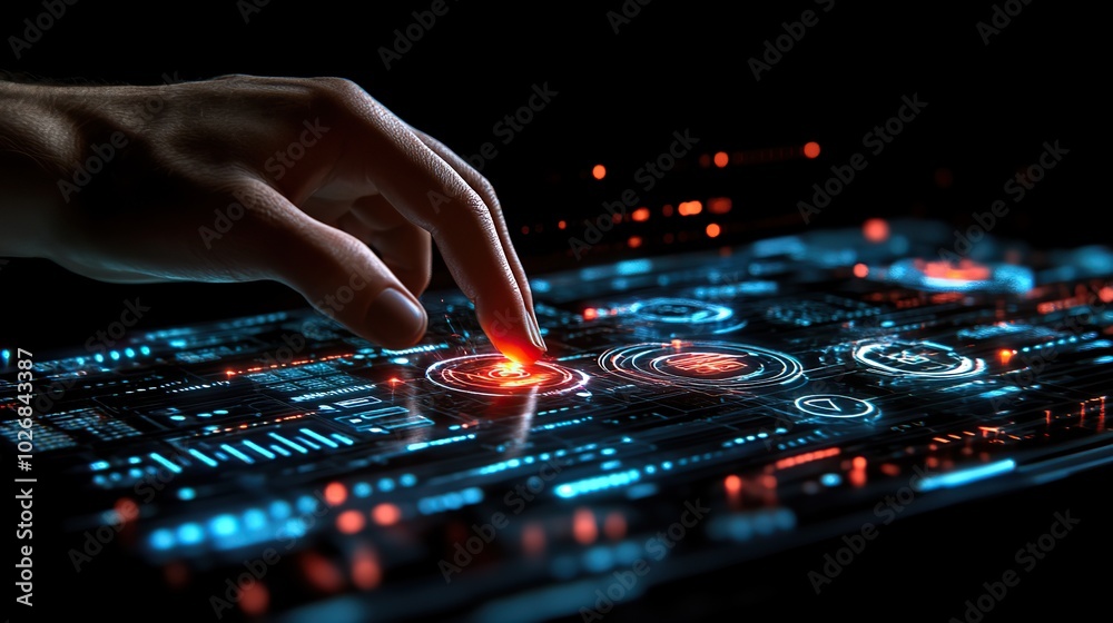A marketing concept depicted by a hand pressing a button on a futuristic technology screen. A marketing concept depicted by a hand pressing a button on a futuristic technology screen.
