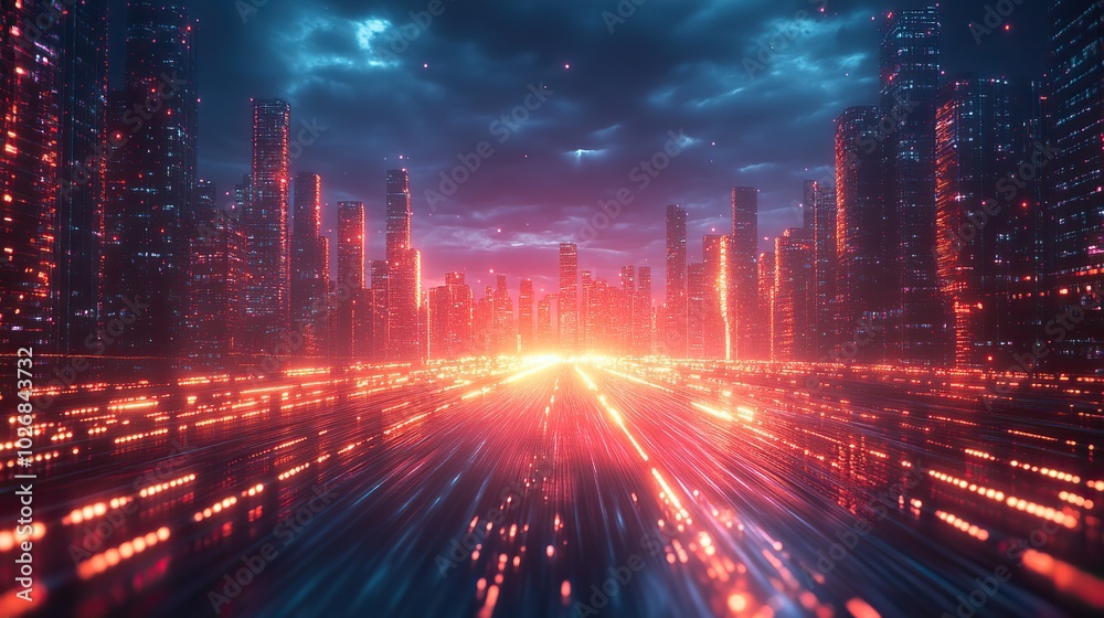 Fototapeta premium A metaverse-themed digital concept with neon colors, representing fast-paced communication and futuristic cityscapes.