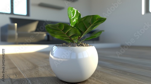 A Close-Up of a Green Fiddle Leaf Fig Plant in a White Pot on a Wooden Floor photo