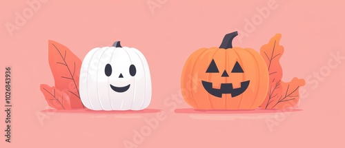 Halloween pumpkins with playful expressions on a pastel background.