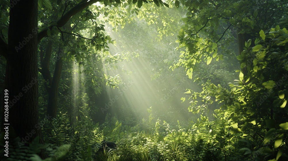 Light Streaming Through a Lush Green Forest