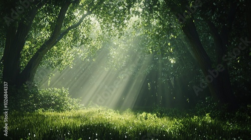 Serene Forest with Sunlight Streaming Through Trees