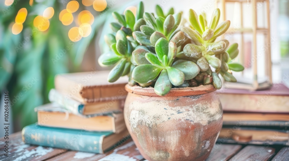 Succulent Plant in Clay Pot on a Stack of Books Succulent Plant in Clay Pot on a Stack of Books