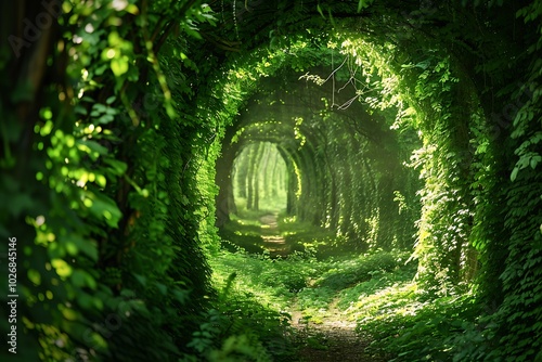 Green tunnel in the forest. Beautiful natural tunnel with green leaves.