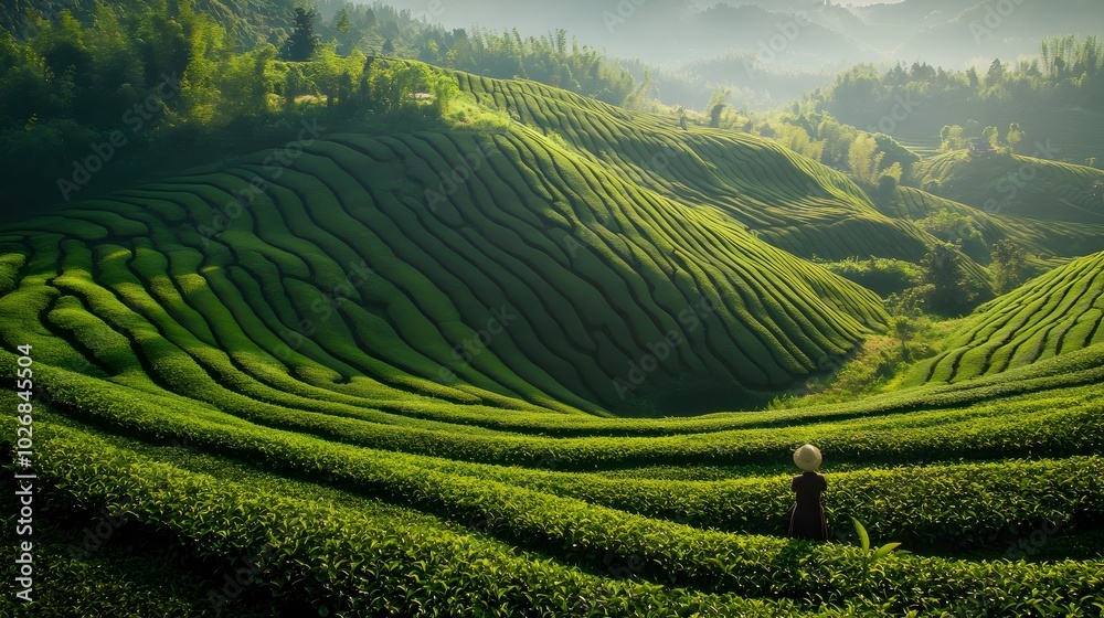 Scenic Landscape of Lush Green Terrain with Person