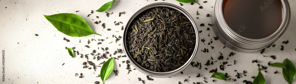 Organic tea leaves, in a tin with loose leaves scattered Organic tea leaves, in a tin with loose leaves scattered