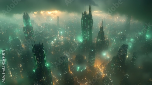 A night scene of a futuristic cityscape is illuminated by green and blue neon lights, highlighting advanced superstructures and innovative designs.