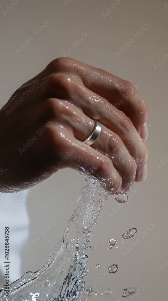 Fototapeta premium Elegant Hand Holding Water with Silver Ring