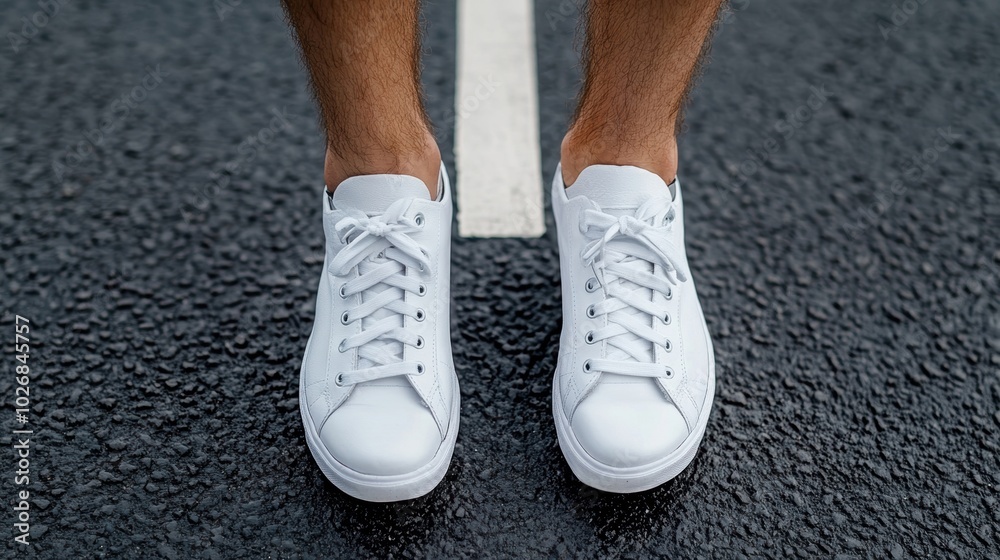 Stylish white sneakers on a road, vibrant urban vibe. Stylish white sneakers on a road, vibrant urban vibe.
