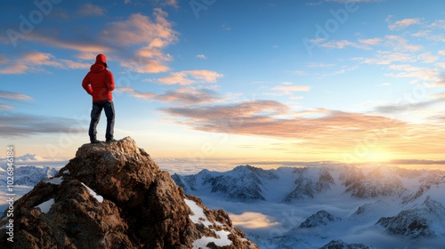 Adventurer on mountain peak, enjoying sunset view over snowy landscape.