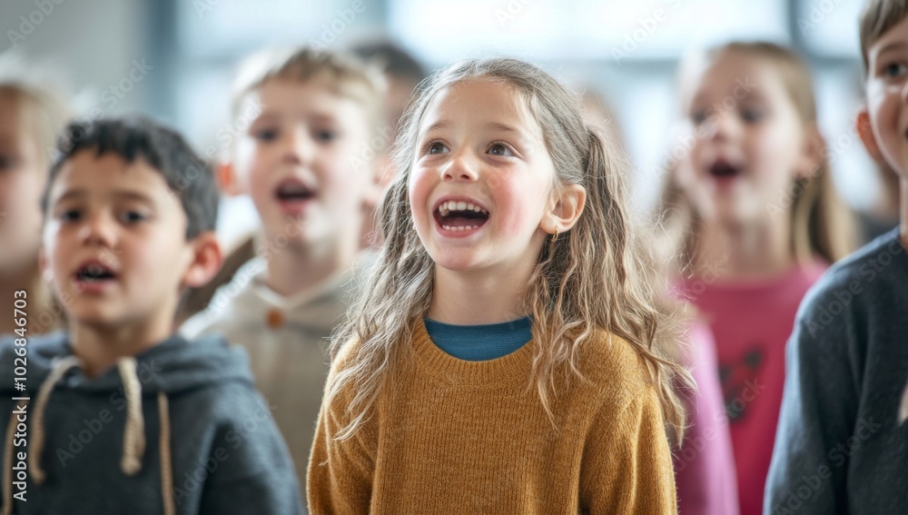 Obraz premium A group of children sing together in a classroom.