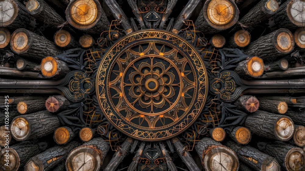 A Golden Mandala Surrounded by Stacked Logs A Golden Mandala Surrounded by Stacked Logs