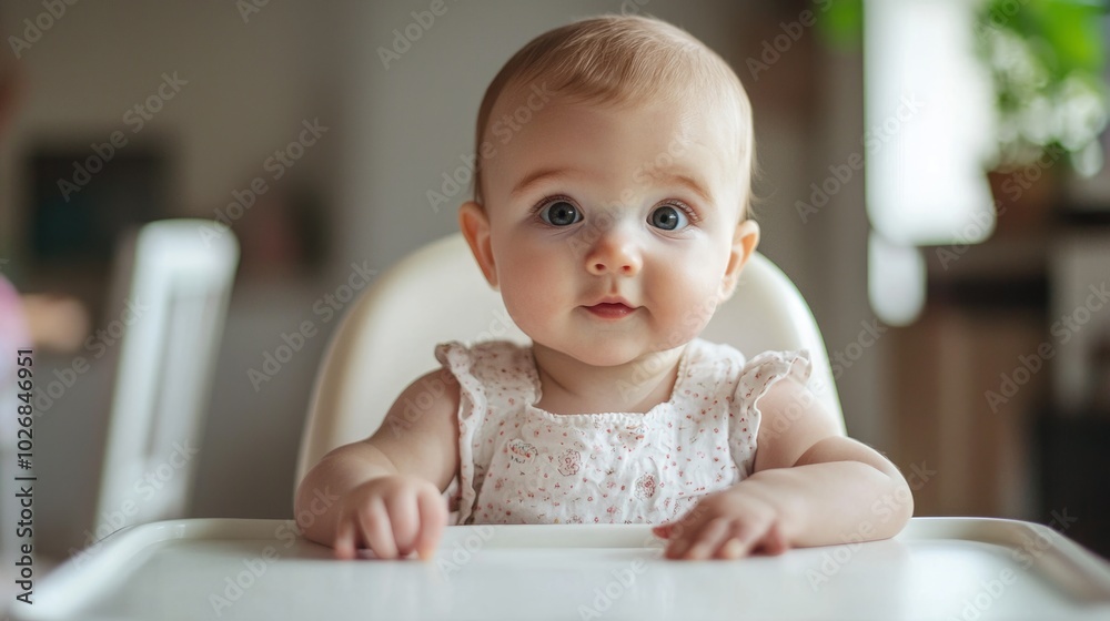 A cheerful baby is sitting comfortably in a high chair and happily smiling A cheerful baby is sitting comfortably in a high chair and happily smiling