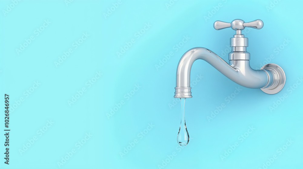 Metal faucet with a single water drop against a blue background representing water conservation. Metal faucet with a single water drop against a blue background representing water conservation.