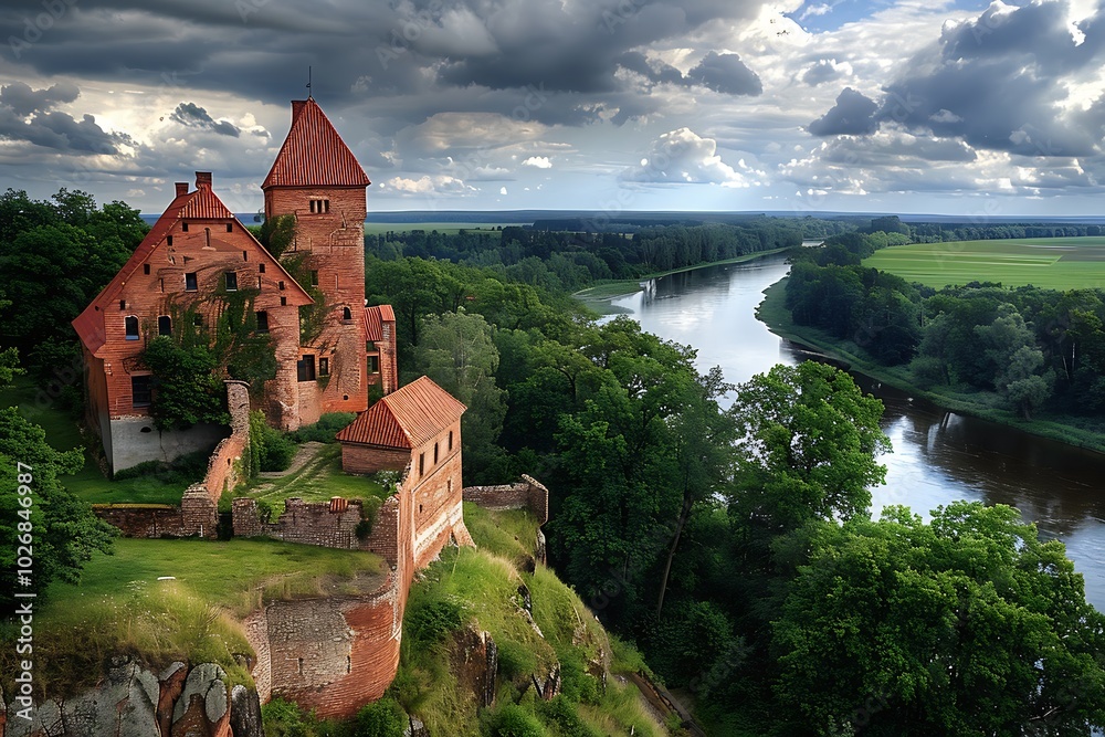 Naklejka premium Aerial view of the medieval castle of Trakai in Lithuania.