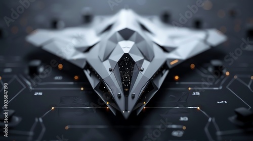 Futuristic diamond-shaped spaceship flying through a galaxy, surrounded by glowing digital patterns, sleek metallic surfaces, hyper-detailed, photo